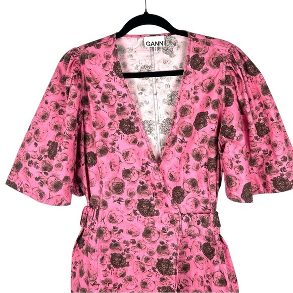 GANNI Rose Print Organic Cotton Pink & Black Rose Print Wrap Dress Size 6 - Picture 3 of 10